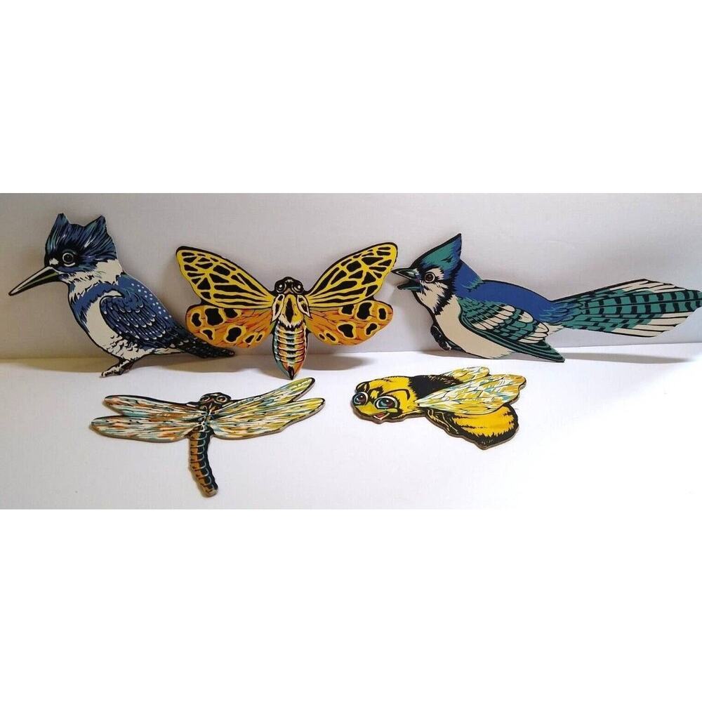 Bumble Bee Dragonfly Kingfishers Blue Jay Birds Moth Lot (5) Thick Diecuts 1940s